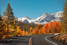Empty Road Surrounded By Colorful Trees And Snow Covered Mountains In The Distance