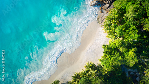 Cuadros en Lienzo Tropical beach with sea and palm taken from drone