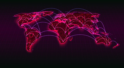 Wall Mural - Abstract world map from digital binary code on a grid background, global internet transactions between cities and countries, blockchain, vector illustration