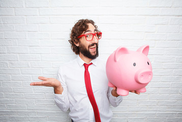 Poster - crazy businessman expressing a concept. brick wall background