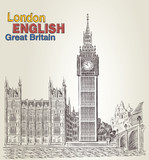 Fototapeta Big Ben - Postcard with retro vector Big Ben. Engraving