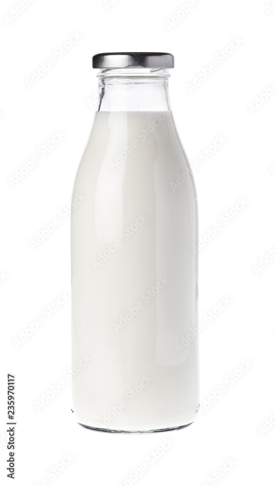 Filled unopened milk bottle isolated on white background - obrazy, fototapety, plakaty 