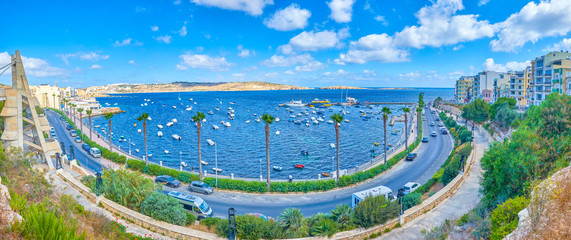 Poster - The upper tier of Dawret Il-Gzejjer promenade is the perfect place to overview the scenic Marina and rocky shore of far archipelago, Bugibba, Malta