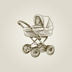 Wall Mural - Hand Drawn Baby carriage Sketch Symbol isolated on background. Vector of cute newborn things In Vintage Style.