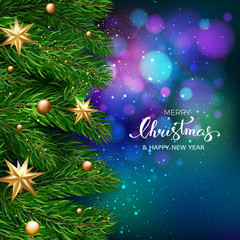 Wall Mural - Holiday's Background with Season Wishes and Border of Realistic Looking Christmas Tree Branches With Gold Stars And Bubbles On Blue Bokeh Background. Vector illustration