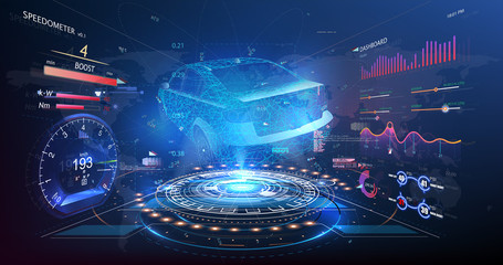 Aufkleber - Car service in the style of HUD, Cars infographic ui, analysis and diagnostics in the hud style, futuristic user interface, repairs cars, Car auto service, mechanisms cars, car service HUD. dashboard