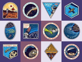 set of space logo. human mission to mars. exploration of the astronomical galaxy. astronaut or space