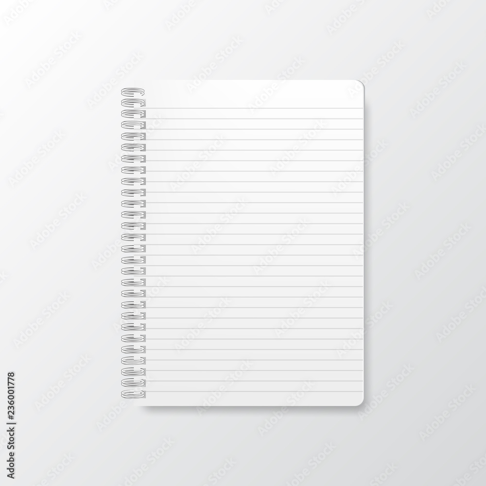 Blank realistic vector horizontal lined notebook with shadow. Vertical ...