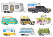 A set of trailers or family RV camping caravan. Tourist bus and tent for outdoor recreation and travel. Mobile home truck. Suv Car Crossover. Tourist transport, road trip, recreational vehicles.
