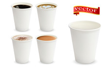3d Realistic Different Sorts Of Coffee In White Cups View From The Top And Side. Cappuccino Latte Americano Espresso Cocoa