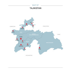  Tajikistan vector map. Editable template with regions, cities, red pins and blue surface on white background. 