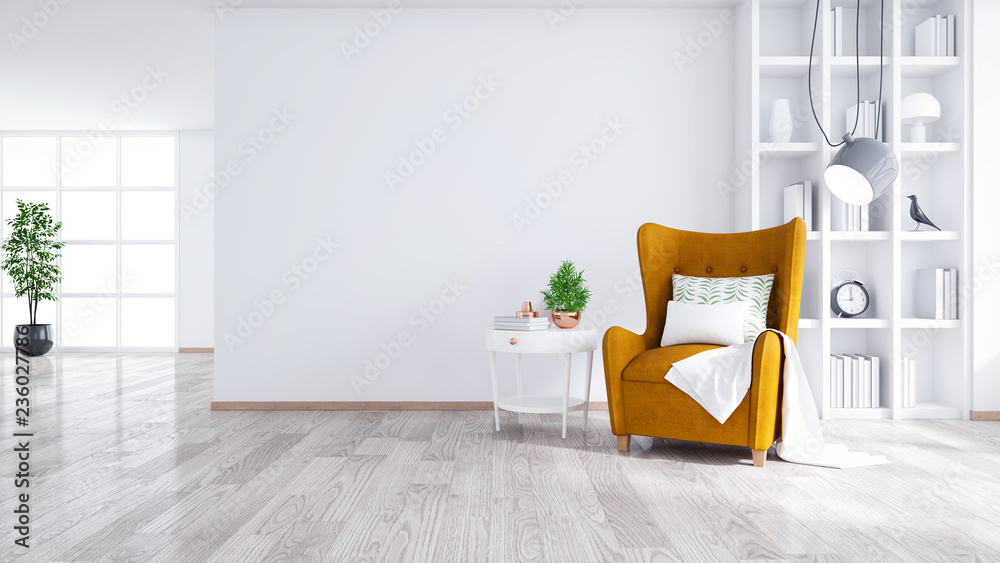 Modern and minimalist interior of living room ,Yellow armchair with white table on white wall and wood floor ,3d render - obrazy, fototapety, plakaty 