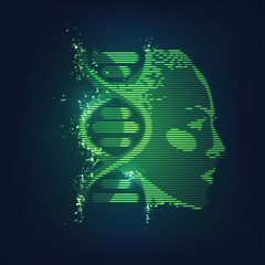 concept of technology advancement, dna symbol combined with human face