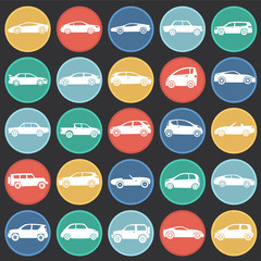 Poster - Cars collection icons set on color circles black background for graphic and web design, Modern simple vector sign. Internet concept. Trendy symbol for website design web button or mobile app.