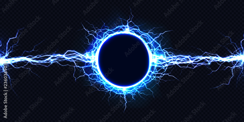 Powerful electrical round discharge hitting from side to side realistic vector illustration isolated on black background. Blazing lightning circle strike in darkness Electric energy flash light effect - obrazy, fototapety, plakaty 