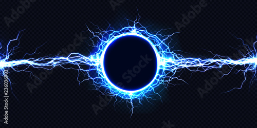 Fotografía Powerful electrical round discharge hitting from side to side realistic vector illustration isolated on black background