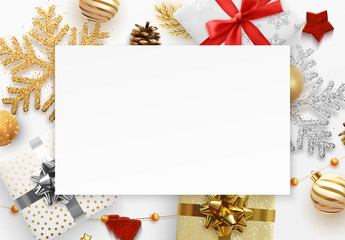 Wall Mural - Christmas background with decorative Xmas elements of design. Gift box, shining gold glitter snowflake, golden ball, decorative bauble, Greeting card, template banner, web poster vector Illustration.