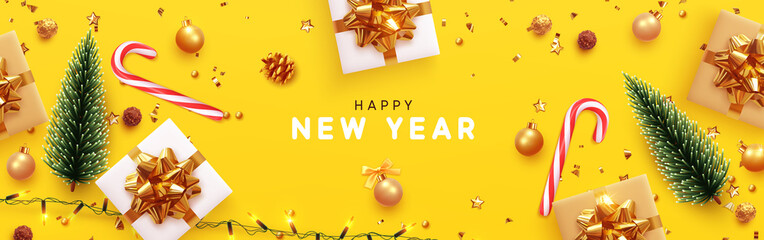 Wall Mural - happy new year banner, xmas sparkling lights garland with gifts box and golden tinsel. horizontal ch