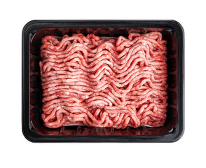 Black plastic tray with raw fresh pork minced meat isolated on white background. Packaging design for mock up.