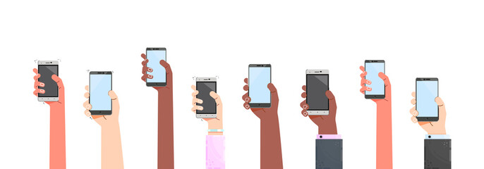 female and male hands white and black with a phone - vector concept, flat design.