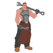 Huge muscular mechanic with big wrench on his shoulder