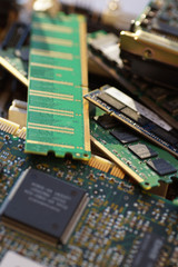 Fototapete - Electronic components, pc components: motherboards, disks, RAM memory, etc. Valuable secondary raw materials.