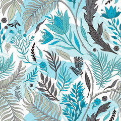 Pattern seamless Abstract nature set collection hand drawn. Ethnic ornament, floral print, textile fabric, botanical element. Vintage retro style. Image of leaves and other natural objects.