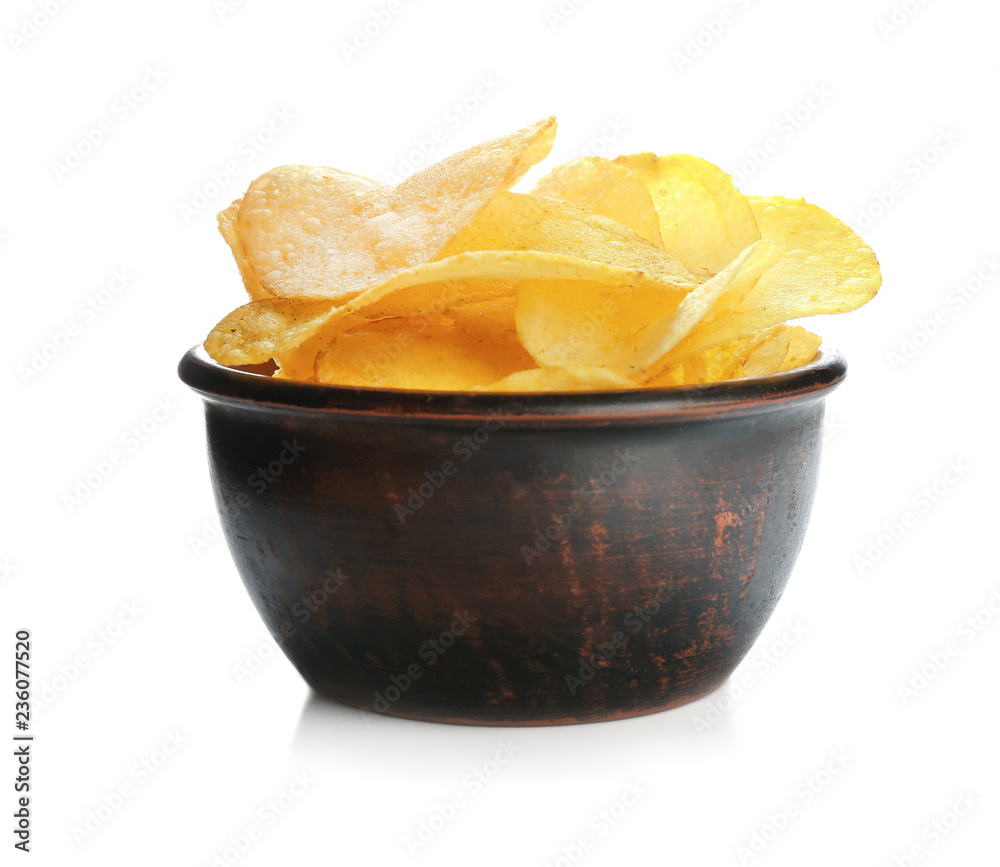 Bowl with tasty potato chips on white background