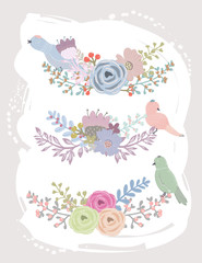 Wall Mural - Hand drawn floral elements. Set of three beautiful bouquets with birds on it. Every bouquet is isolated.