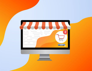 Poster - striped awning, computer screen buy. online store concept on computer screen. ecommerce, online shop
