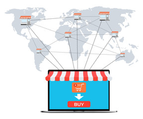 Poster - open laptop with and screen buy. Concept online shopping.  Shop building. Icons for mobile marketing and online shopping. map of the land on which is depicted  Shop building