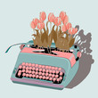 Blue typewriter with bouquet of tulips. Vector illustration on light blue background