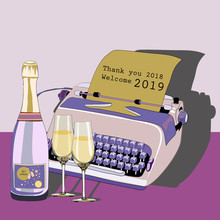 Purple typewriter with bottle of champagne and glasses. Pour feliciter 2019. Vector illustration on pink background