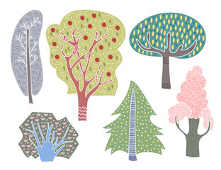 Wall Mural - Hand drawn doodle trees. Graphic vector set. Every tree is isolated