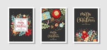 Set Of Christmas And New Year Greeting Cards In Vintage Style. Labels And Holiday Elements. Vector Illustration.