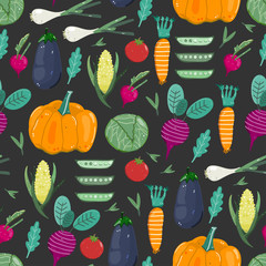Canvas Print - Fresh organic vegetables. Hand drawn vector seamless pattern. Black background