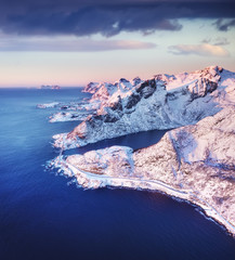 Wall Mural - aerial view at the lofoten islands, norway. mountains and sea during sunset. natural landscape from 