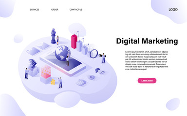 Flat isometric digital marketing concept with character for website landing page and mobile template.