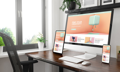 Poster - black and white desktop with three devices showing creativity tutorials website