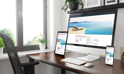 Poster - black and white desktop with three devices showing rating directory