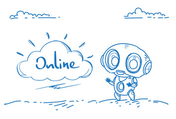 Poster - modern robot online data cloud synchronization storage concept artificial intelligence horizontal sketch doodle hand drawn