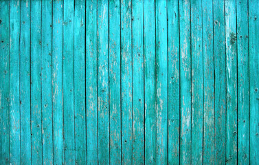 turquoise barn wooden board wall. old blue planking texture. painted grunge hardwood background surf