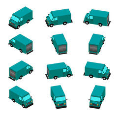 Animation of the rotation of the car in isometric view. Delivery van with different viewing angles.