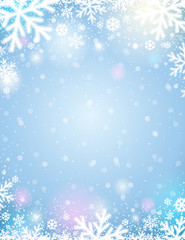Wall Mural - Blue  christmas background with white blurred snowflakes, vector illustration