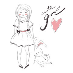  Cute girl with funny pigtails wearing a dress and rabbit vector illustration, hand written text
