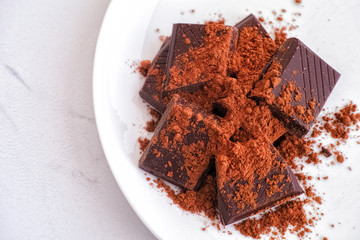 Wall Mural - Broken dark chocolate with cocoa powder on a plate