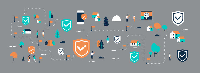Poster - data protection shield access connection isometric people communication internet computer mobile security concept horizontal banner flat