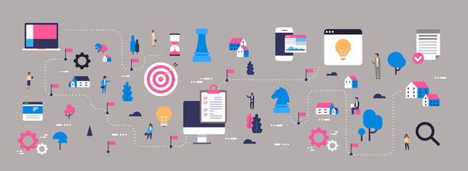 Poster - business strategy map successful innovation new ideas concept isometric planning scheme team working