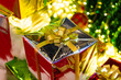 Closeup Christmas gift box with Strap Accessories Ornaments Christmas background for New Year festival
