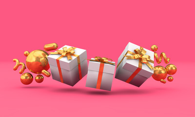 Wall Mural - Seasonal festive gift boxes with colorful decorations. 3D Rendering